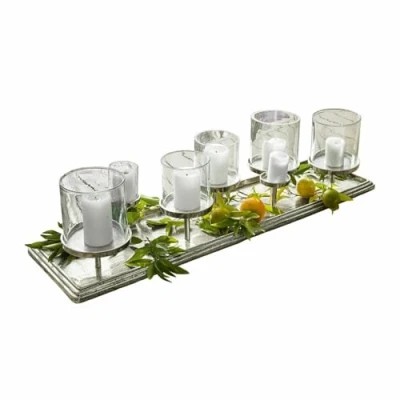 Abbildung von Loberon Kerzentablett Devonne, strukturiertes Tablett mit Mehreren Windlichtern, individuell zu dekorieren, Wohn Accessoire, Dekoration, Aluminiumguss, Glas, Silber