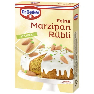Abbildung von Dr. Oetker Feine Marzipan Rübli, 42 g, Halbrelief Figuren in Möhrenform, Dekor zum Verzieren von Karottenkuchen, essbare Kuchen &amp; Tortendekoration