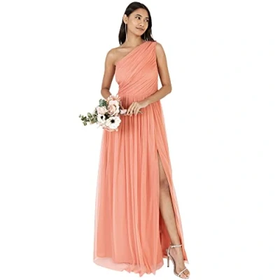 Abbildung von Anaya with Love Damen Womens Ladies Maxi One Cold Shoulder Dress Slit Split Sleeveless Prom Wedding Guest Bridesmaid Ball Evening Gown Kleid, Coral Pink, 54