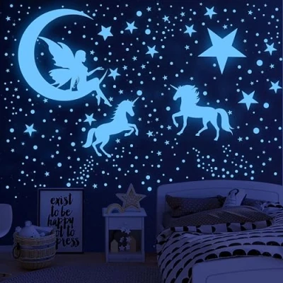 Abbildung von Leuchtsterne Kinderzimmer Wandtattoo MäDchen Wandsticker Einhorn Sternenhimmel Leuchtaufkleber Selbstklebend Fluoreszierend Aufkleber Wanddeko füR Kinder Babyzimmer Schlafzimmer Wohnzimmer