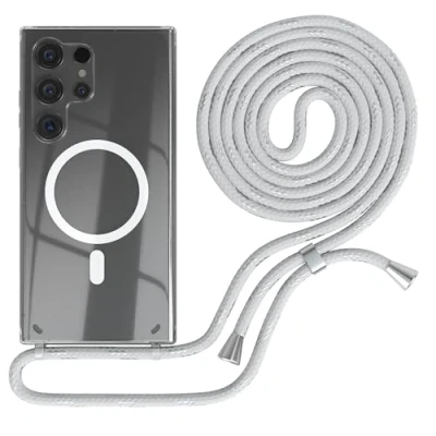 Abbildung von EAZY CASE Handykette kompatibel mit Samsung Galaxy S24 Ultra Kette zum Umhängen Stoßfest Handyhülle für Silikon Hülle Band Handytasche Transparent als Fallschutz in Weiß/Silber
