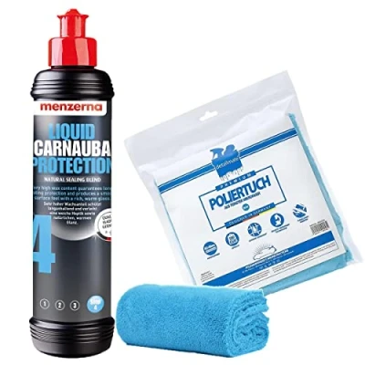 Abbildung von detailmate Auto Polier Set Autopflege: Menzerna Autowachs Liquid Carnauba Protection, 250 ml Wachs + Mikrofaser Poliertuch, 40x40cm, perfekt zum Auspolieren auf Autolack