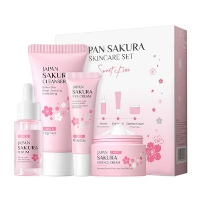 Abbildung von LAIKOU Sakura Gesichtspflege Set, Skincare Set für Teenager Mädchen, Hautpflege Geschenkset Frauen, 4 Stück Feuchtigkeitsspendend Reiniger, Serum, Augencreme, Gesichtscreme…