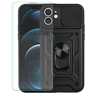 Abbildung von SDTEK Hülle Kompatibel mit iPhone 12, Handyhülle Kameraobjektivschutz, Ständer, Magnetringhalter Glas Displayschutzfolie (Schwarz)