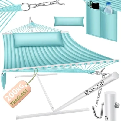 Abbildung von KESSER® Hängematte Hill mit Gestell Kissen Doppelhängematte für 2 Personen Stabiler Rahmen 200kg Belastbarkeit Indoor &amp; Outdoor XXL Hängesessel Doppel Mehrpersonen Garten Balkon Terrasse, Grau/Blau