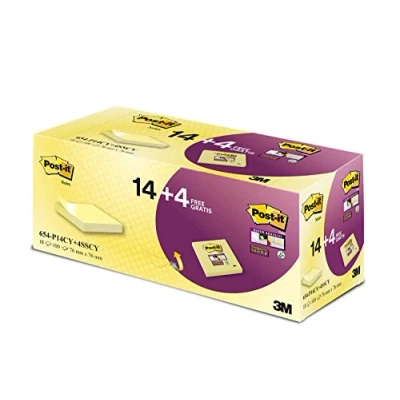 Abbildung von Post it Notes Promotion 654 P14CY+4SSCY Selbstklebende Haftnotizzettel in 76 x mm 18 Notizblöcke quadratisch à 100 Blatt Gelb, Mittel