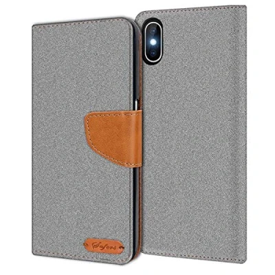 Abbildung von Verco für iPhone XS Max Hülle, Schutzhülle Apple Tasche Denim Textil Book Case Flip Klapphülle, Grau