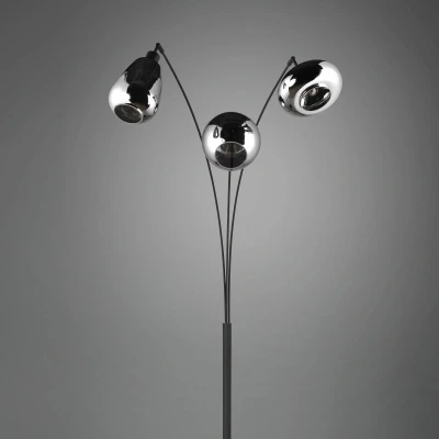 Abbildung von TRIO Leuchten Stehlampe LUMINA, gebogene Stehleuchte mit Glasschirmen exkl 3x E14 max 10W, Ein /Ausschalter, Leuchtmittel wechselbar, warmweiß kaltweiß, Gläser in 3 Formen sind Chrom bedampft für Spiegel Effekte Fußschalter