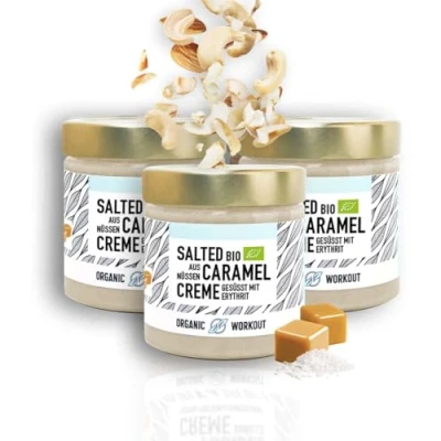Abbildung von BIO NUSSMUS Salted Caramel Cashew Erdnuss vegan lower carb ohne Zuckerzusatz mit Erythrit gesüsst 3x190gOrganic Workout