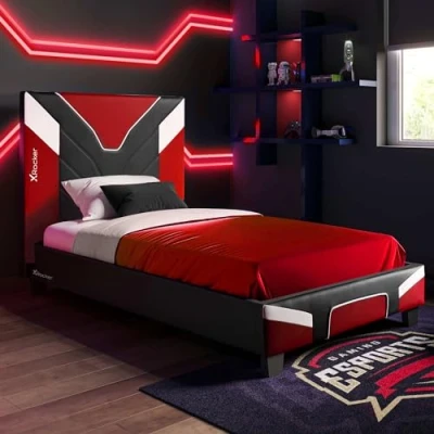 Abbildung von x Rocker Cerberus Gaming Bett, 90 cm Einzelbettgestell, Holzlatten, PU Kunstleder, gepolstertes Kopfteil, niedriges Fußteil, ideal für Jugendliche, Kinder, inspiriert, Rot, Schwarz, Weiß,