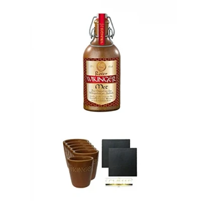 Abbildung von Original roter Wikinger Met im Tonkrug 0,5 Liter + Tonbecher 6er Set Schiefer Glasuntersetzer eckig ca. 9,5 cm Ø 2 Stück