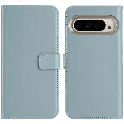 Abbildung von Google Pixel 9 Pro Hülle Echtleder Selencia Klapphülle Handyhülle Hellblau Kein Design