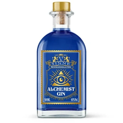 Abbildung von Alchemist Gin der Farbwechsel mit Heidelbeeren ändert die Farbe bei Zugabe von Tonic 500 ml