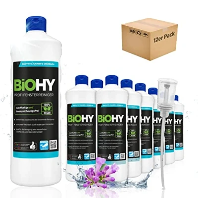 Abbildung von BiOHY Profi Fensterreiniger (12 x 1 Liter) + Dosierer Glasreiniger Konzentrat für Fenstersauger geeignet streifenfreie Reinigung von Glas , Fenster &amp; Spiegelflächen ideal Haushalt Auto