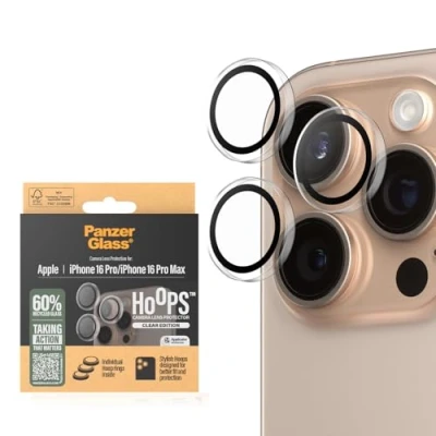 Abbildung von PanzerGlass® Hoops Kameralinsenschutz für Apple iPhone 16 Pro Max Schutz mit Stil, Kratzfest, stoßfest, transparent Montagehilfe einfache Installation