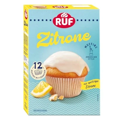 Abbildung von RUF Zitronen Muffins Backmischung, fruchtige American Style mit Zitronenglasur, einfache Zubereitung, 12 Muffin Förmchen inklusive