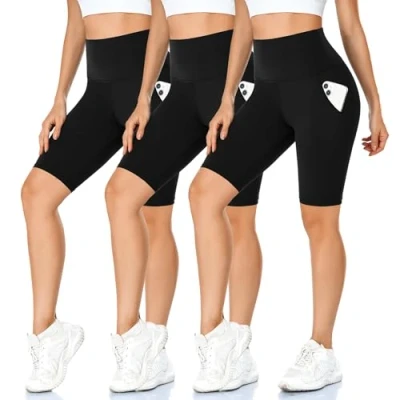 Abbildung von MOREFEEL 3er Pack Damen Radlerhose mit Taschen High Waist Sport Shorts Blickdicht Kurze Sporthose Sommer für Yoga Fitness(3 Schwarzu,Small Medium)