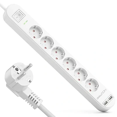Abbildung von deleyCON 1,5m 6 Fach Steckdosenleiste mit USB Stromleiste 6X Schutzkontaktbuchsen 2X A Ladebuchse für z.B. Handy &amp; Tablet Überspannungsschutz EIN/AUS Schalter Weiß