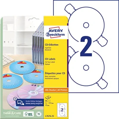 Abbildung von AVERY Zweckform L7676 25 selbstklebende CD Etiketten (50 blickdichte Aufkleber, Ø 117mm auf A4, SuperSize, Papier matt, bedruckbare Klebeetiketten für alle A4 Drucker) Blatt, weiß, 50 Stück, 117 mm