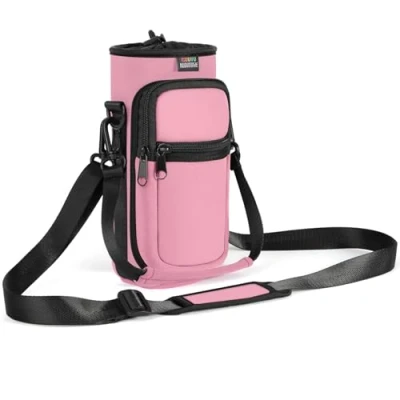 Abbildung von Nuovoware Flaschenhalter Trinkflasche Molle Beutel 25oz/710ml, Isolierte Neopren Kessel mit Schultergurt und Front Reißverschluss Tasche für Wandern Laufen Radfahren Jagd Reisen, Rosa