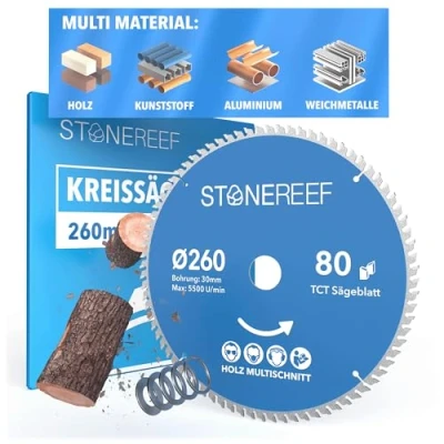 Abbildung von STONE REEF Sägeblatt 260x30 Kreissägeblatt [inkl. Adapter auf Bohrung 20 &amp;16mm], kompatibel mit Winkelschleifer von Bosch, Makita usw. Kreissäge Nagelfest für Holz, Metall &amp; Alu