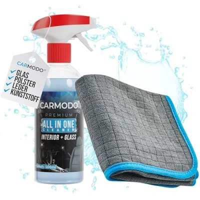 Abbildung von CARMODO® Innenraumreiniger (500ml) Cockpit Reiniger pH neutral porentiefe Reinheit für Kunststoff, Polster, Leder, Glas Auto Innenraum, Cockpitpflege (Innenraumreiniger + Mikrofasertuch)