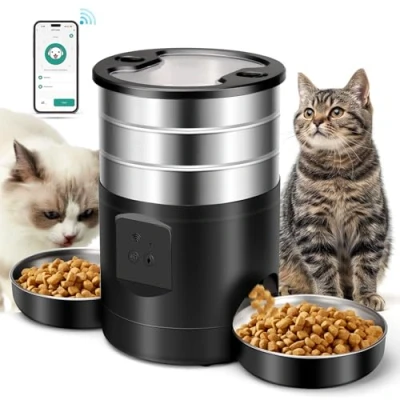 Abbildung von 5L Automatischer Futterautomat Katze 2 Näpfe, Katzenfutter Automat 2.4G WiFi Edelstahl Anti Clog 24h Timer 1 10 Mahlzeiten Tag 40 Portionen, Futterspender Trockenfutterspender für Hunde Katzen
