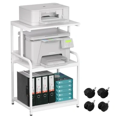 Abbildung von 3 stöckiger Druckerständer, Druckertisch mit Rollen, Metall Druckerwagen, Druckerregal für Büro, Zuhause, Schule und Arbeitszimmer, Druckerschrank Fax, Kopierer, Scanner (Reinweiß)