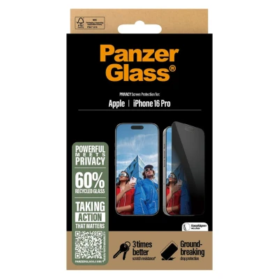 Abbildung von Apple iPhone 16 Pro Panzerglas PanzerGlass Privacy Ultra Wide Fit Anti Bacterial Screenprotector incl. applicator Antibakterieller