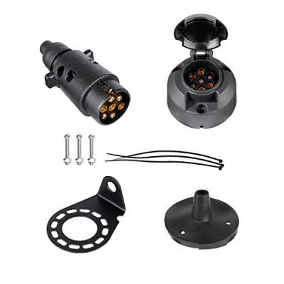 Abbildung von BEIJISTAR Anhängerstecker &amp; Steckdose 7 Polig mit Gummidichtung und Metallhalterung, 12V Wasserdichter Poliger Steckdose, für LKW RV Autos Boot Anhänger (Gummistiefel)