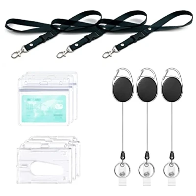 Abbildung von Einziehbarer Schlüsselband, 3 Set beinhaltet Lanyard mit kartenhülle, Ausweishalter, Rollenclip, Durchsichtige Ausweishalter und Wasserdichte Ausweishüllen, für Ausweisclip, Kreditkarten (3 Set)