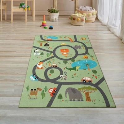 Abbildung von Teppich Traum Kinderzimmer Kinderteppich rutschfest waschbar Spielteppich Safari Straße Autos Tiere Läufer grün 80 x 150 cm