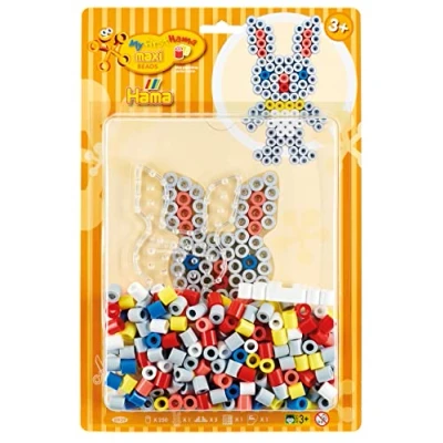 Abbildung von Hama Perlen 8939 Set Kaninchen mit ca. 250 bunten Maxi Bügelperlen Durchmesser 10 mm, Stiftplatte in transparent, inkl. Bügelpapier, kreativer Bastelspaß für Groß und Klein