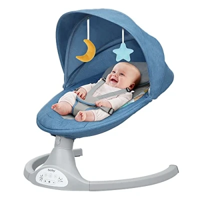 Abbildung von Bioby Babywippe Elektrisch mit 5 Natürlichen Schaukelgeschwindigkeiten, Bluetooth Musik Fernbedienung &amp; Punkt Gurt, leichte Baby Wippe für 2 9kg, 0 12 Monate（Blau）