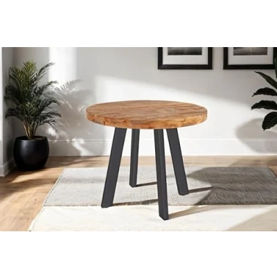 Abbildung von SAM Runder Esszimmertisch 100 cm Adelina, Mangoholz massiv &amp; naturfarben, Esstisch im Used Look, 4 Fuß Gestell aus Metall schwarz, aufgedoppelte Tischplatte 50 mm (25+25mm)