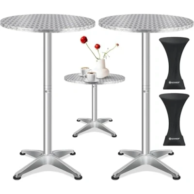Abbildung von KESSER® 2in1 Stehtisch Bistrotisch 2er Set Aluminium Edelstahlplatte höhenverstellbar 70cm / 115cm Partytisch Tisch Ø 60cm Rund In &amp; Outdoor Empfangstisch Inkl. Husse Silber
