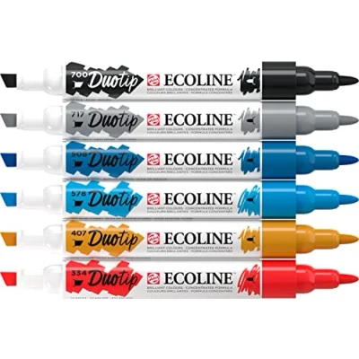 Abbildung von Ecoline Duotip flüssige Aquarellstifte 6er Set Urbane Landschaften Farben Stifte mit feiner Kugelspitze und breiter Keilspitze