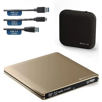 Abbildung von techPulse120 Externes UltraHD UHD 4k 3D M DISC BDXL HDR10 100GB USB 3.0 &amp; C Laufwerk Bluray Brenner Burner Superdrive UltraSlim BD DVD CD Ultra Paket Tasche 90cm Anschlusskabel Aluminium Gold