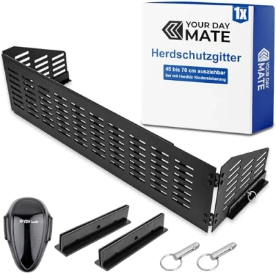 Abbildung von Herdschutzgitter Kindersicherung, 45 bis 70 cm ausziehbar, Schwarz, Set mit Backofentür Babysicherung, Herdschutz Gitter Scharnier Seitenflügeln, zusammenfaltbar und verstaubar, Kochfeld Abdeckung