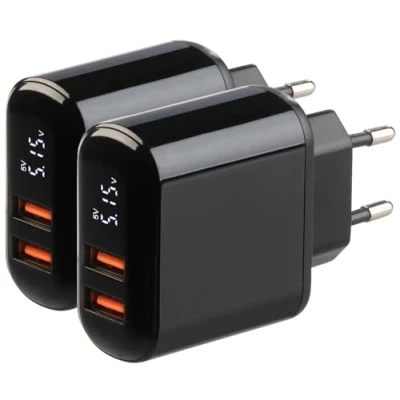 Abbildung von revolt USB Netzteil 230V: 2er Set 2 Port Netzteile, 2X A, QC &amp; Display, 18W, schwarz (Netzteil ohne Kabel, Netzstecker Adapter, Ladestation)