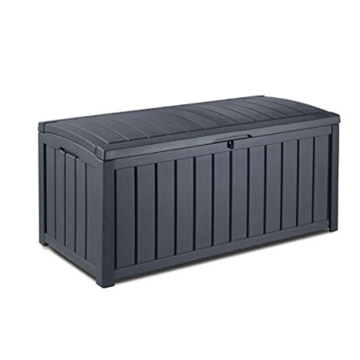 Abbildung von Keter Glenwood Kissenbox, Auflagenbox, 390 Liter Volumen, Wasserdicht, Graphit, Holzoptik, Sitzbank für 2 Erwachsene,128x65x61cm, Gartenbox