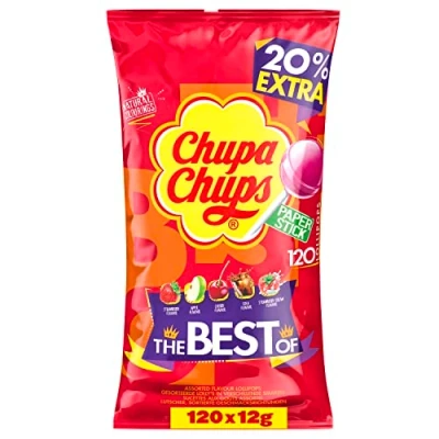 Abbildung von Chupa Chups Best of Lutscher Beutel, Beutel enthält 120 Lollis in 6 Geschmacksrichtungen Cola, Erdbeere, Kirsch, Apfel, Himbeere Vanille, für Halloween, x 12g