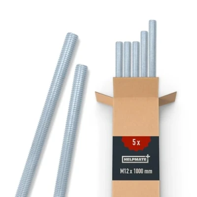Abbildung von HELPMATE Gewindestange M12 x 1000 mm aus verzinktem Stahl 5 Stück Gewindestab mit metrischem Vollgewinde Gewindestift Festigkeitsklasse 4.8, DIN 976
