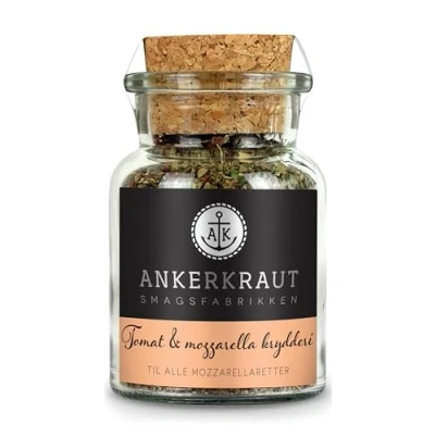 Abbildung von Ankerkraut Tomat &amp; mozzarella krydderi, Krydderiblanding, middelhavskrydderi til italiensk antipasti med basilikum og tomatchips, 55g i glas korklåg