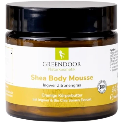 Abbildung von GREENDOOR Körperbutter Bodymousse Ingwer Zitronengras mit BIO Sheabutter 200ml im Glastiegel, extra reichhaltige Hautpflege, vegane Natur Body Butter, natürliche Haut Pflege Creme