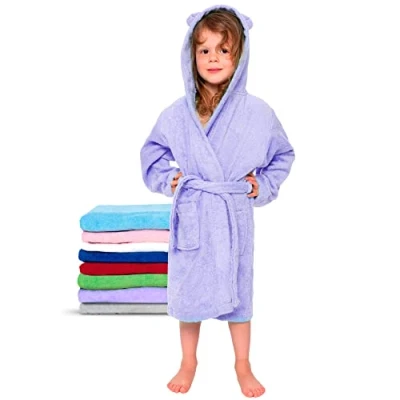 Abbildung von Twinzen Kinderbademantel Mädchen oder Junge 100% Baumwolle Ohne Chemikalien Oeko TEX® 2 Taschen, Gürtel, Kapuze mit Ohren 5 6 Jahre, Lila, Size3