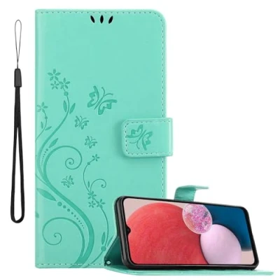 Abbildung von Cadorabo Hülle kompatibel mit Samsung Galaxy A13 4G in FLORAL TÜRKIS Schutzhülle im Blumen Design Magnetverschluss, Standfunktion und Kartenfächern