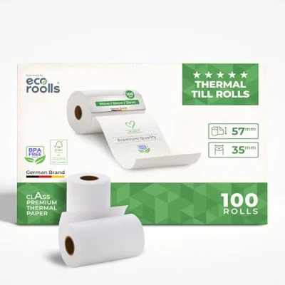 Abbildung von Bonrollen EC Gerät 57mm x 35mm Durchmesser Thermorollen Terminal 100 Stück BPA frei Kartonhülse 2 Karton (100 Rollen)