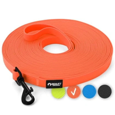 Abbildung von ReaVET Schleppleine für Hunde 15 Meter, Neon Orange I Robuste &amp; wasserfeste Hundeleine lang Übungsleine mit Griff, Trainingsleine Laufleine große kleine