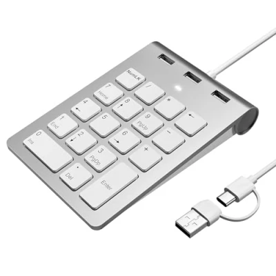Abbildung von Suejezt Numeric Keypad Wired Numpad, USB A/USB C Ziffernblock Ergonomischer Mini Nummernblock mit 3 2.0 Ports, 18 Tasten, Office Rechennummernblöcke für Laptop, Notebook, Desktop, Computer, PC